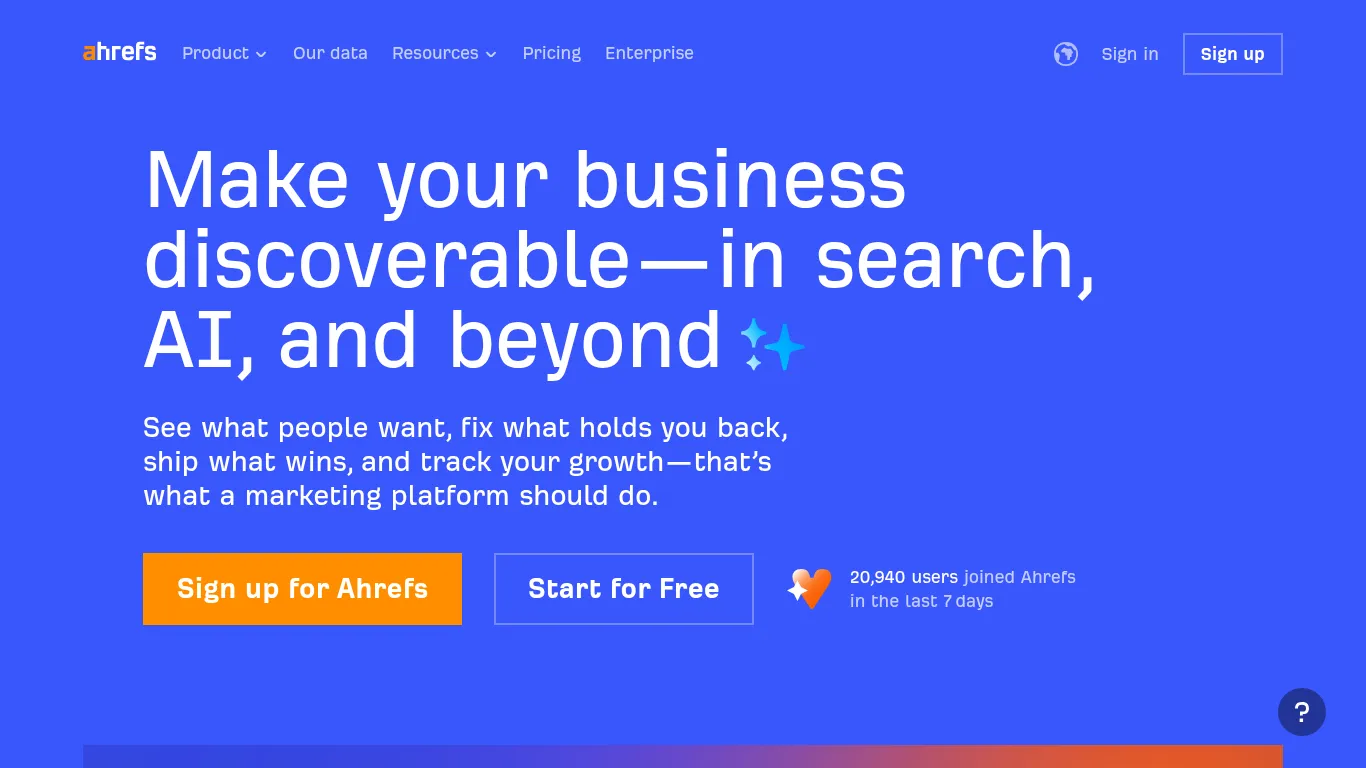 Page d’accueil Ahrefs - aperçu de la plateforme SEO et data
