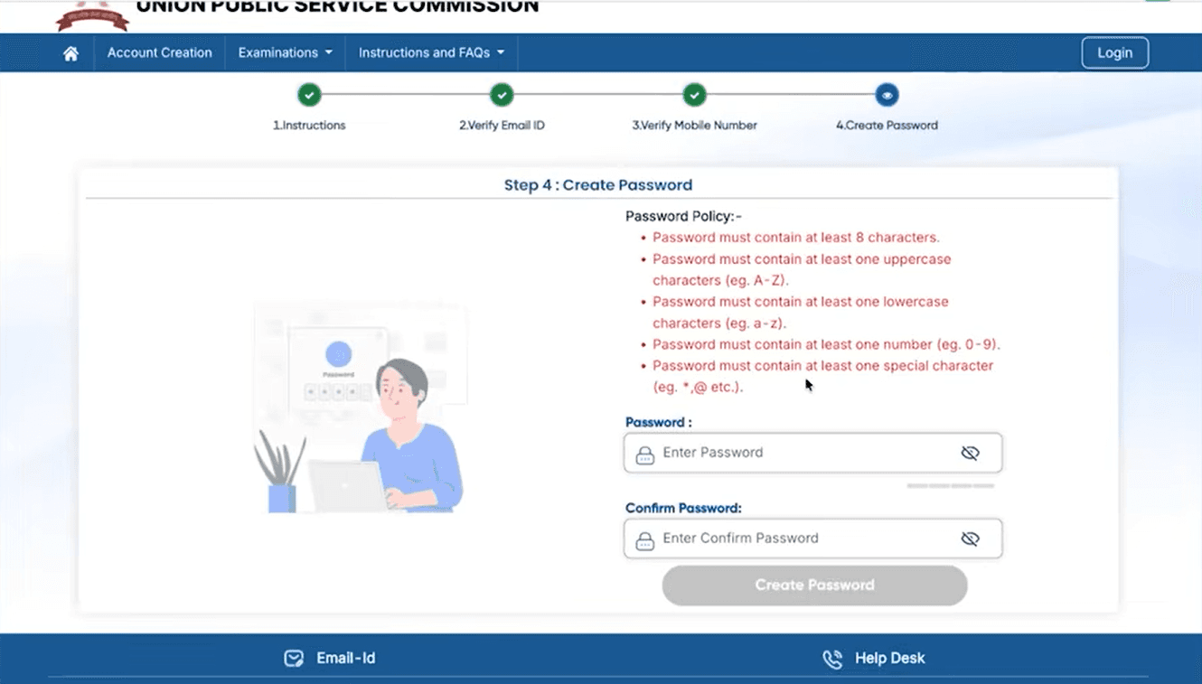 UPSC OTR create password page showing password rules and fields to enter and confirm password