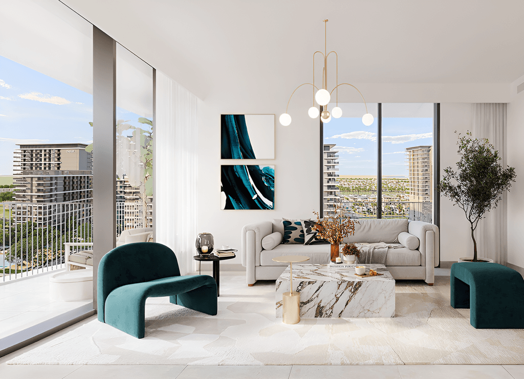 Stylish living room at Parkland: comfortable couch, decorative pillows, coffee table, bright window. Modern interior.