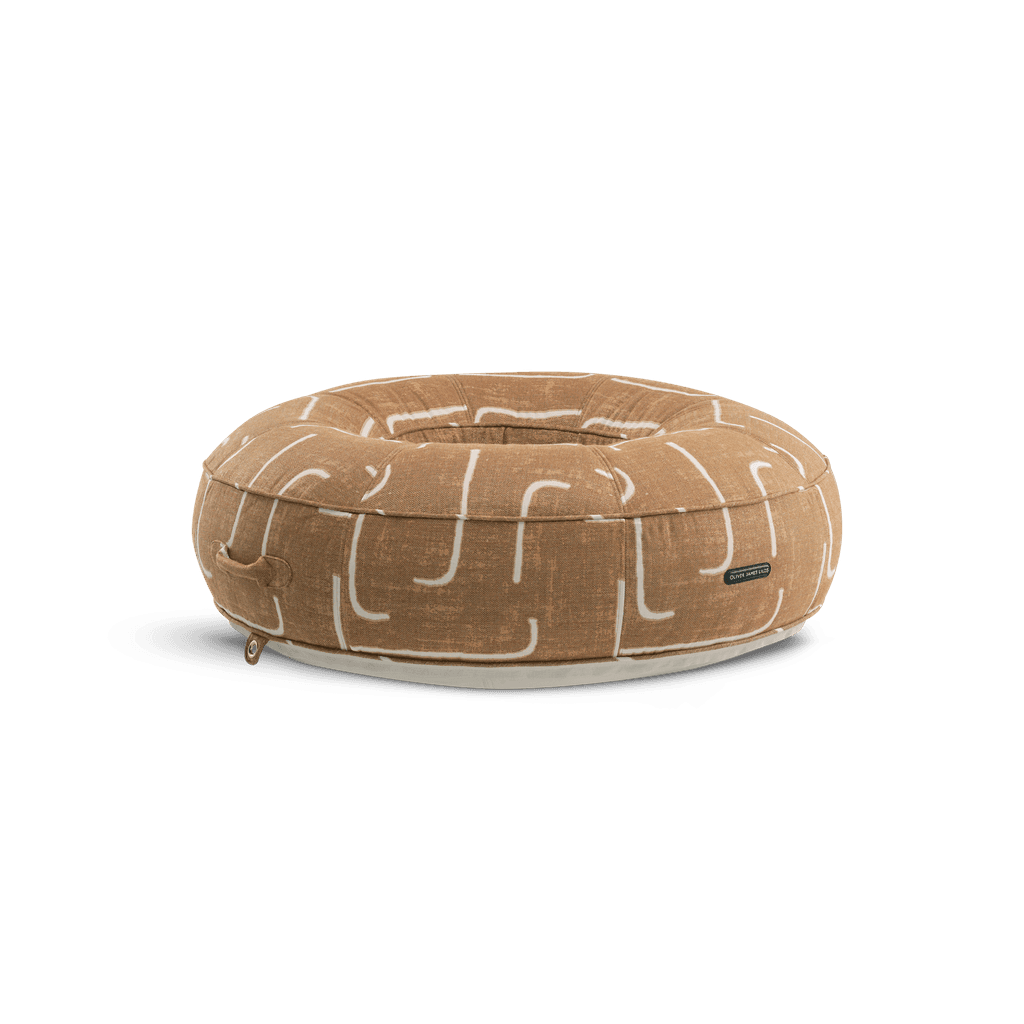 Ring-shaped luxury pool float in gold-and-brown heavy-weave fabric with textured pattern