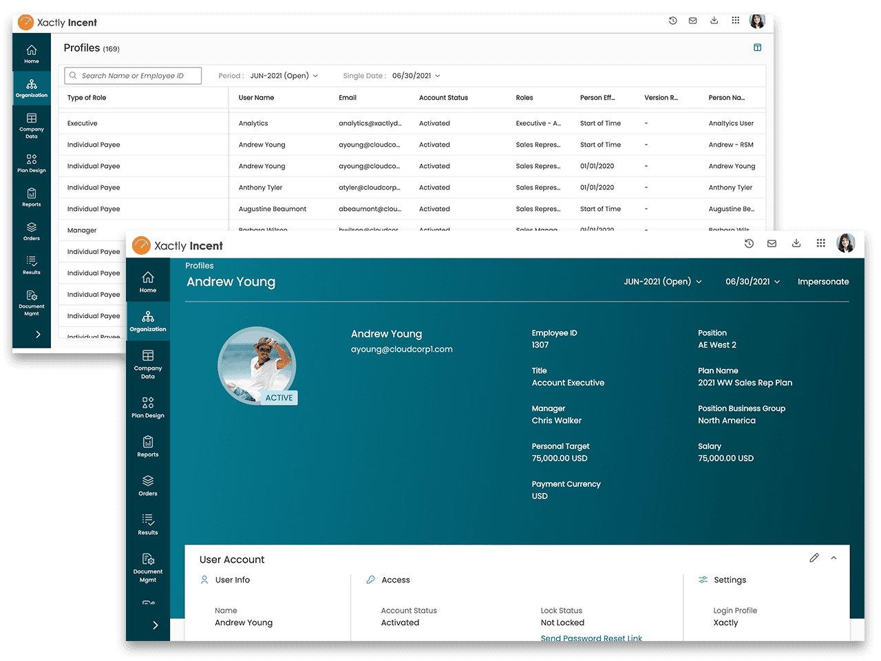 Product interface of Xactly Incent