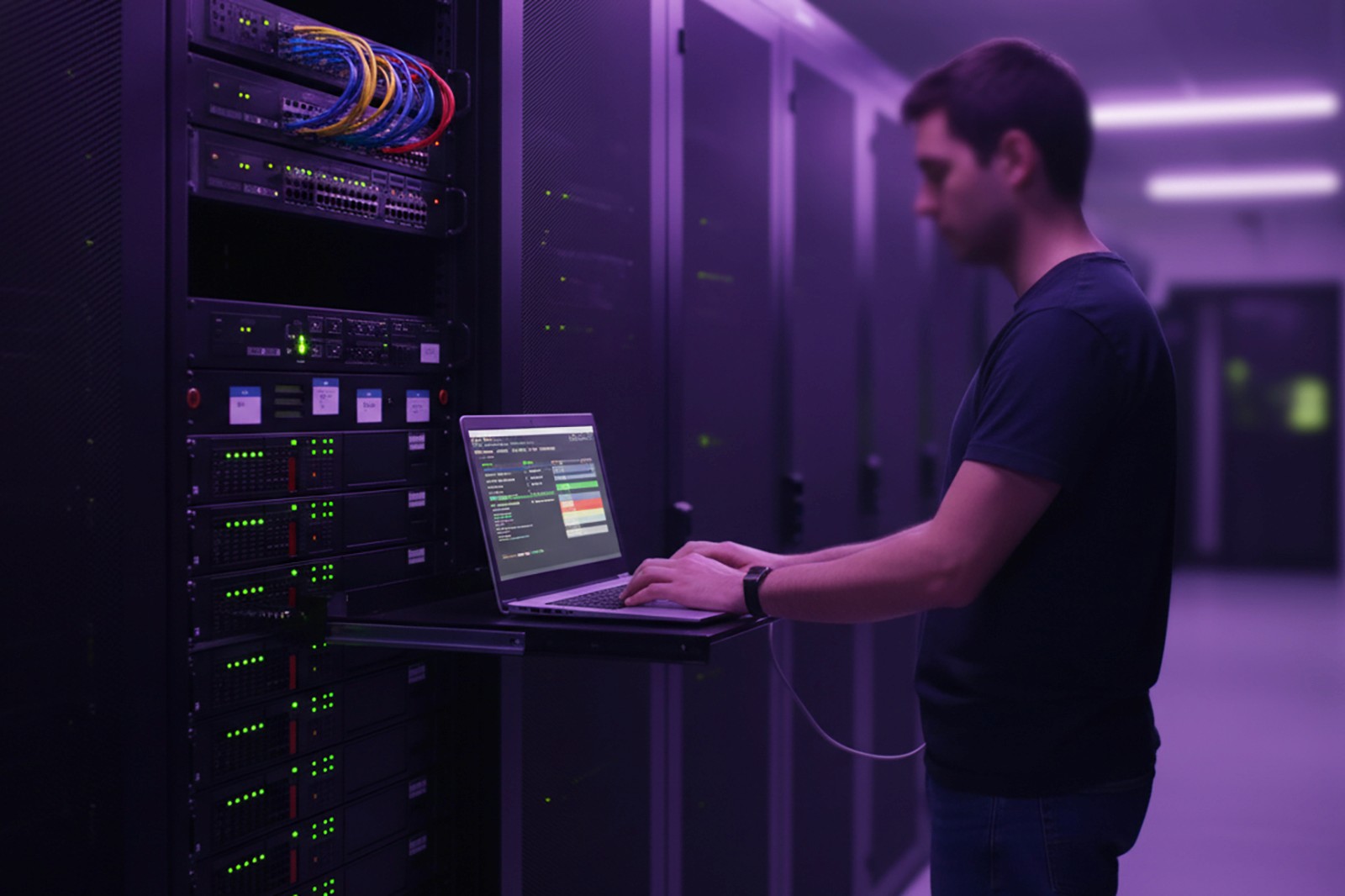 Techniker arbeitet im Serverraum an Laptop vor Rackservern