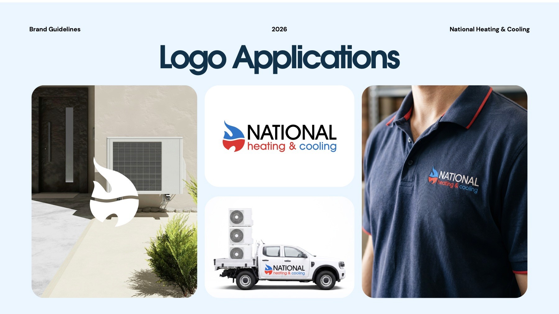 A page from the National Heating & Cooling brand guidelines showing the logo on a ute, a polo and a heating unit