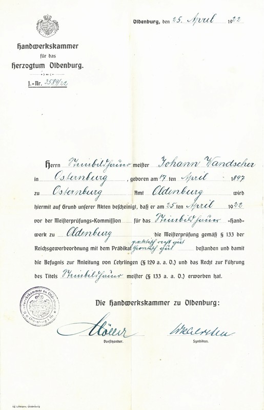 Historische Urkunde aus den Anfängen des Betriebs