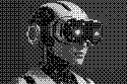 A sleek humanoid robot with a futuristic design wears virtual reality goggles emitting vibrant purple light, set against a dark background.