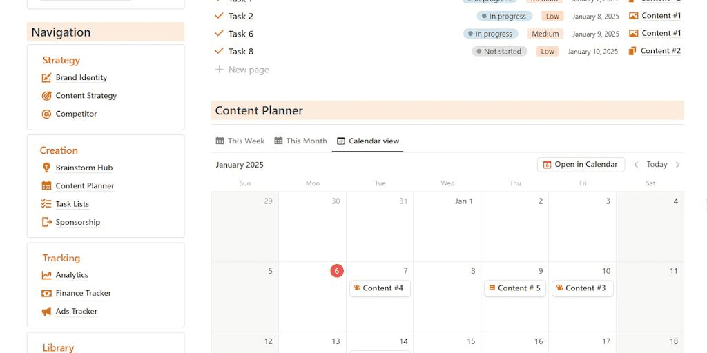 Notion workspace showing a UGC content management dashboard