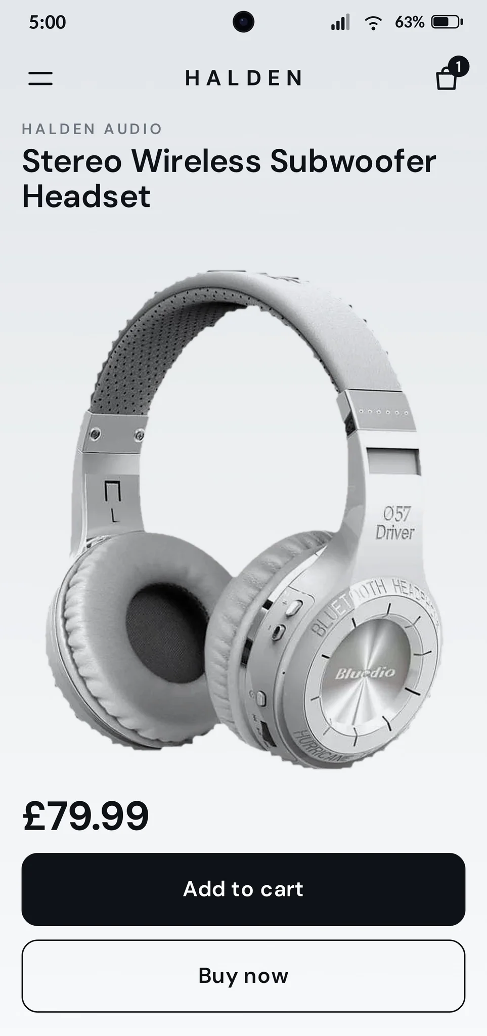 Shopify product page design for Halden, an example headphone store, shown on a phone
