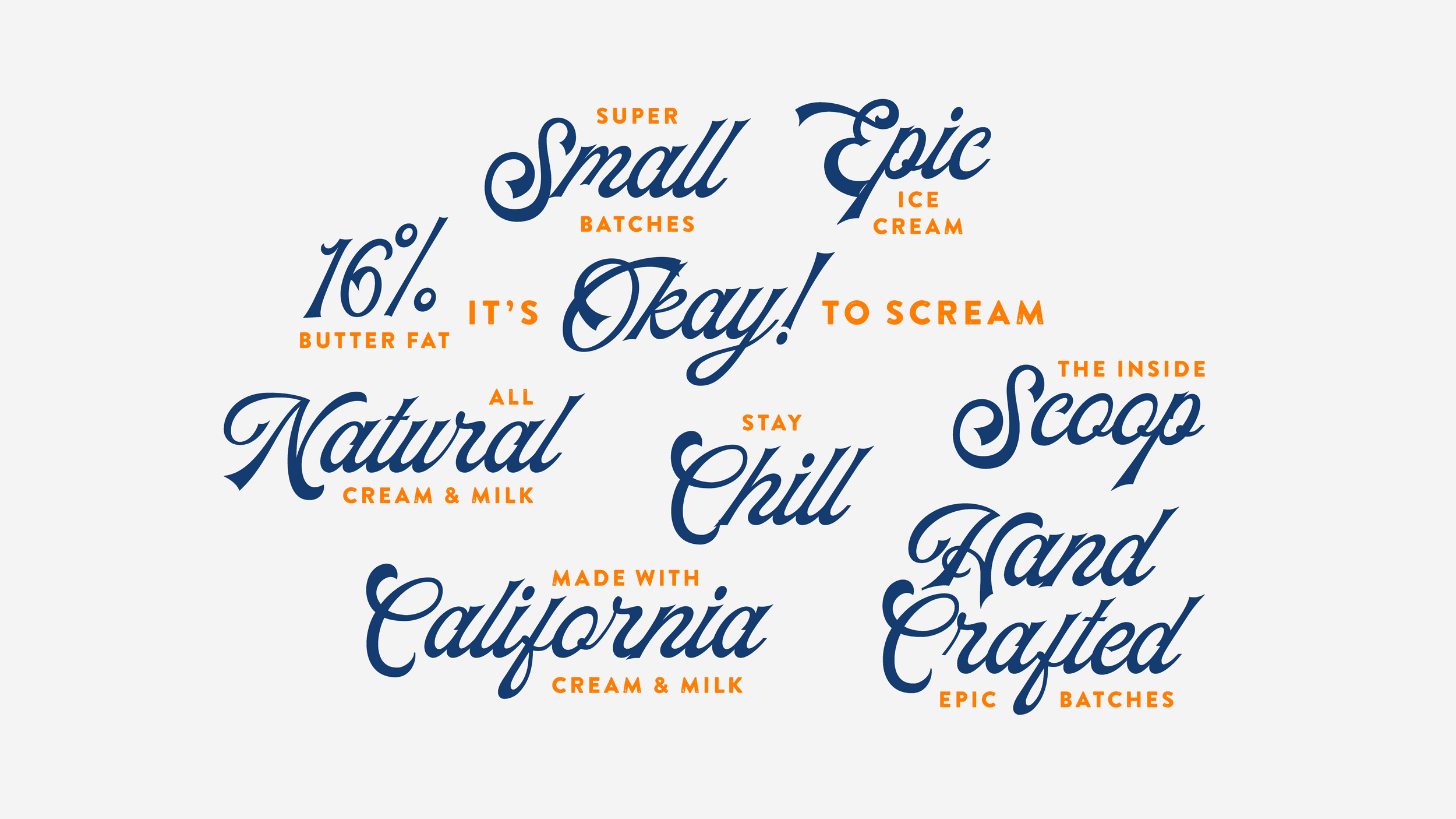 Scoops On Tap typographic brand phrases in blue and red