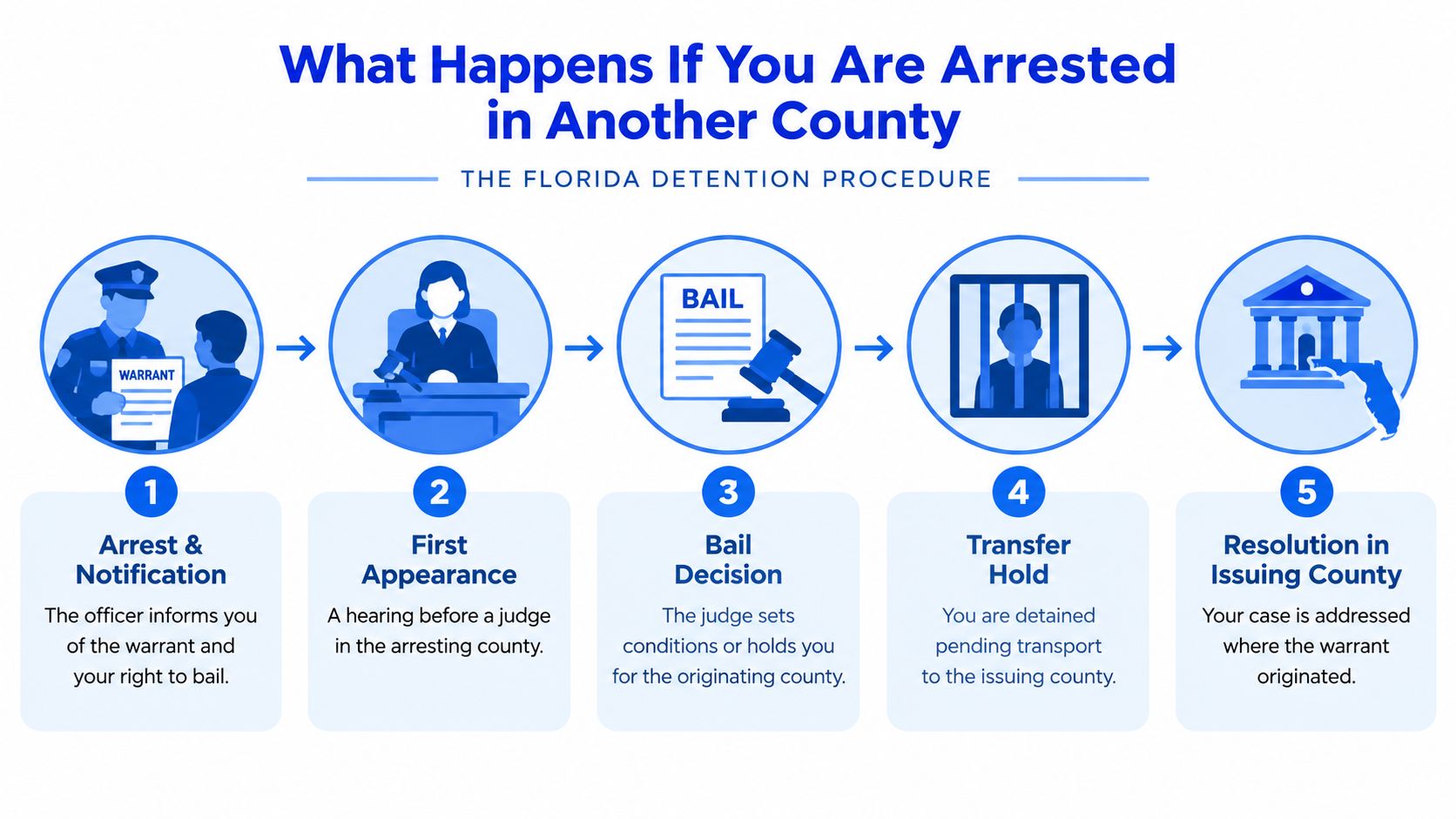 An infographic detailing the five-step Florida detention procedure for individuals arrested in a county outside their home.