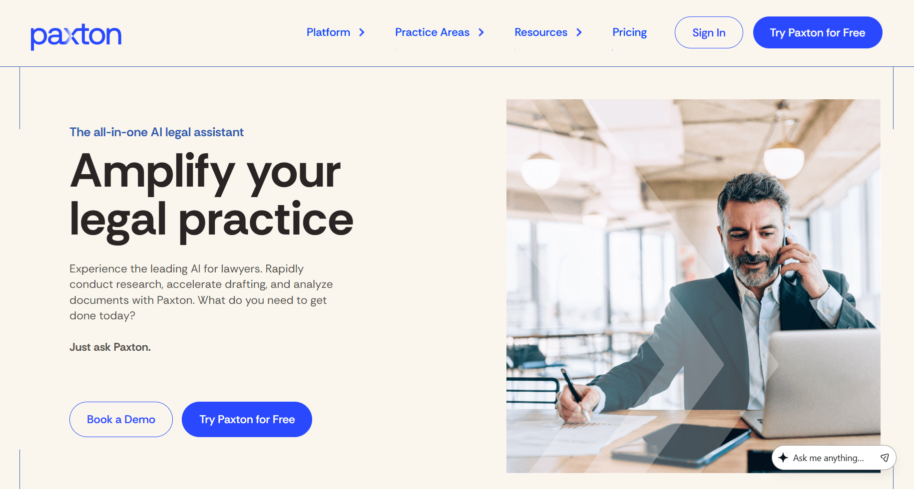 Homepage screenshot of Paxton featuring the headline “Amplify your legal practice,” with demo and free trial buttons and a lawyer working at a laptop.