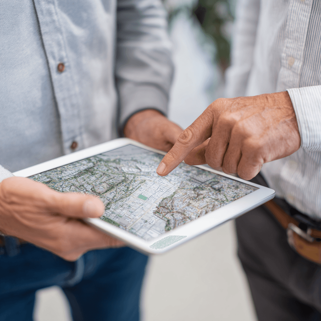 Close up of the hands of 2 men in casual business attire looking at a map on a tablet