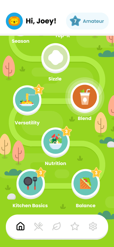Gamified homepage with a path leading from "Kitchen Basics" to other stepping stones.