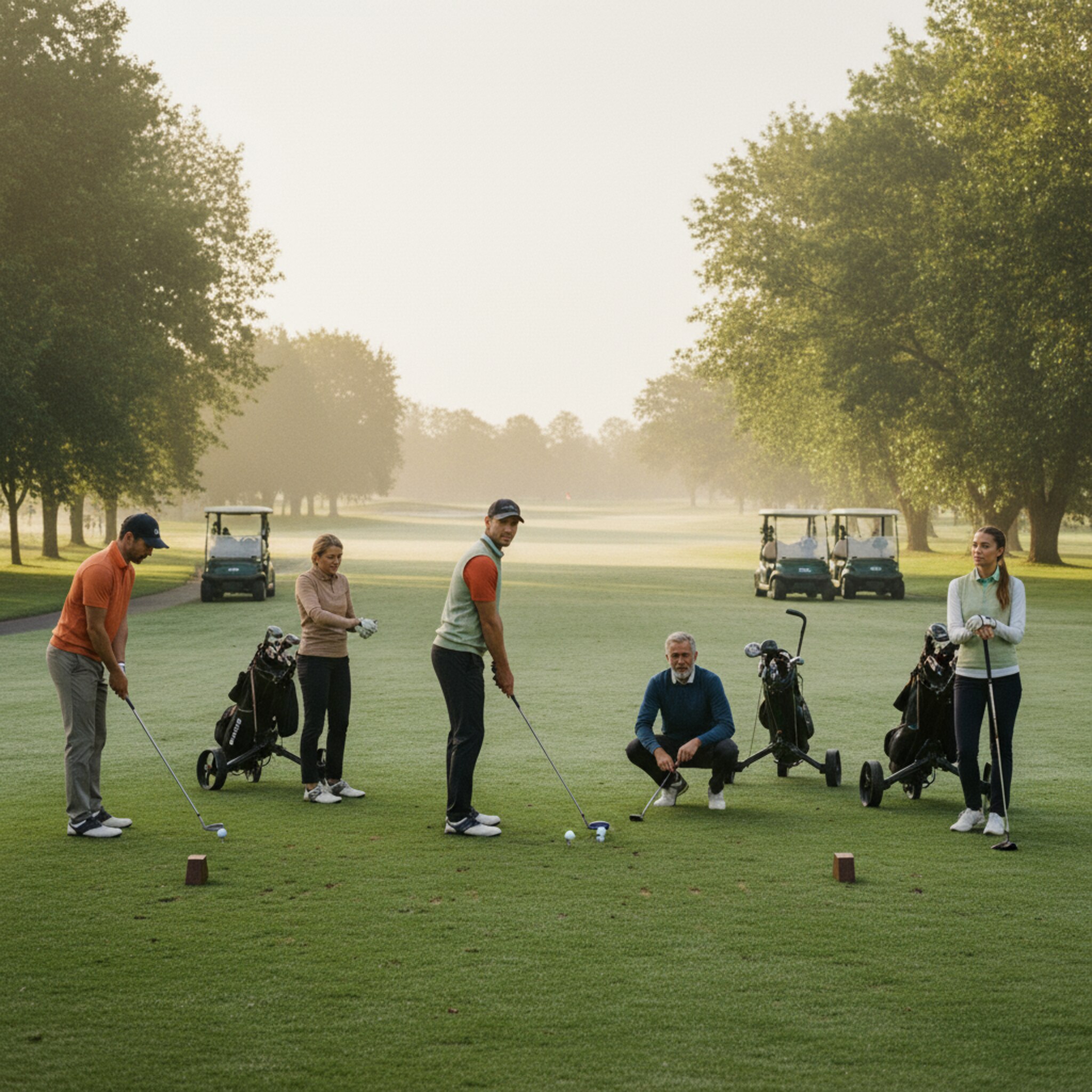 Früher Morgen auf dem ersten Tee: Zartes Licht fällt auf frisch gemähte Fairways, Tau glitzert auf den Abschlagmarkierungen. Ein Flight richtet konzentriert die ersten Drives, Carts warten geordnet am Weg. Ein ruhiger Moment, der Vorfreude und Präzision des Golfsports spürbar macht.