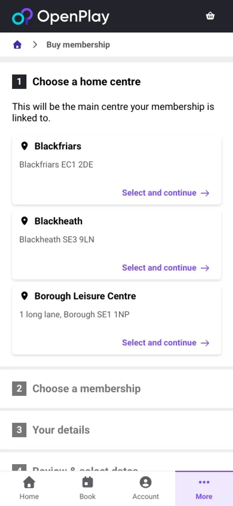 Animation: a new customer chooses a centre, picks Single payment and Day passes, and opens a day pass's details