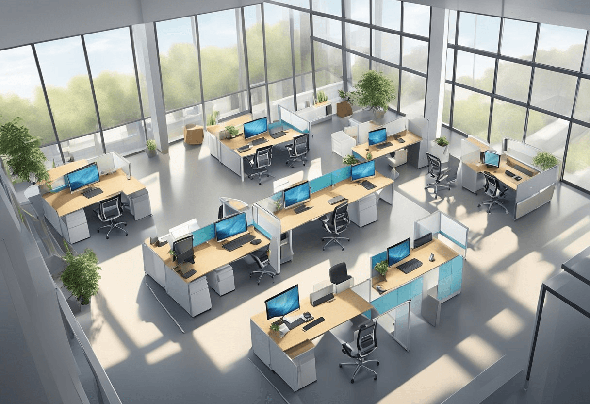 A modern office space with flexible workstations, collaborative meeting areas, and digital communication tools. Natural light floods the open floor plan, creating a dynamic and adaptable environment for employees