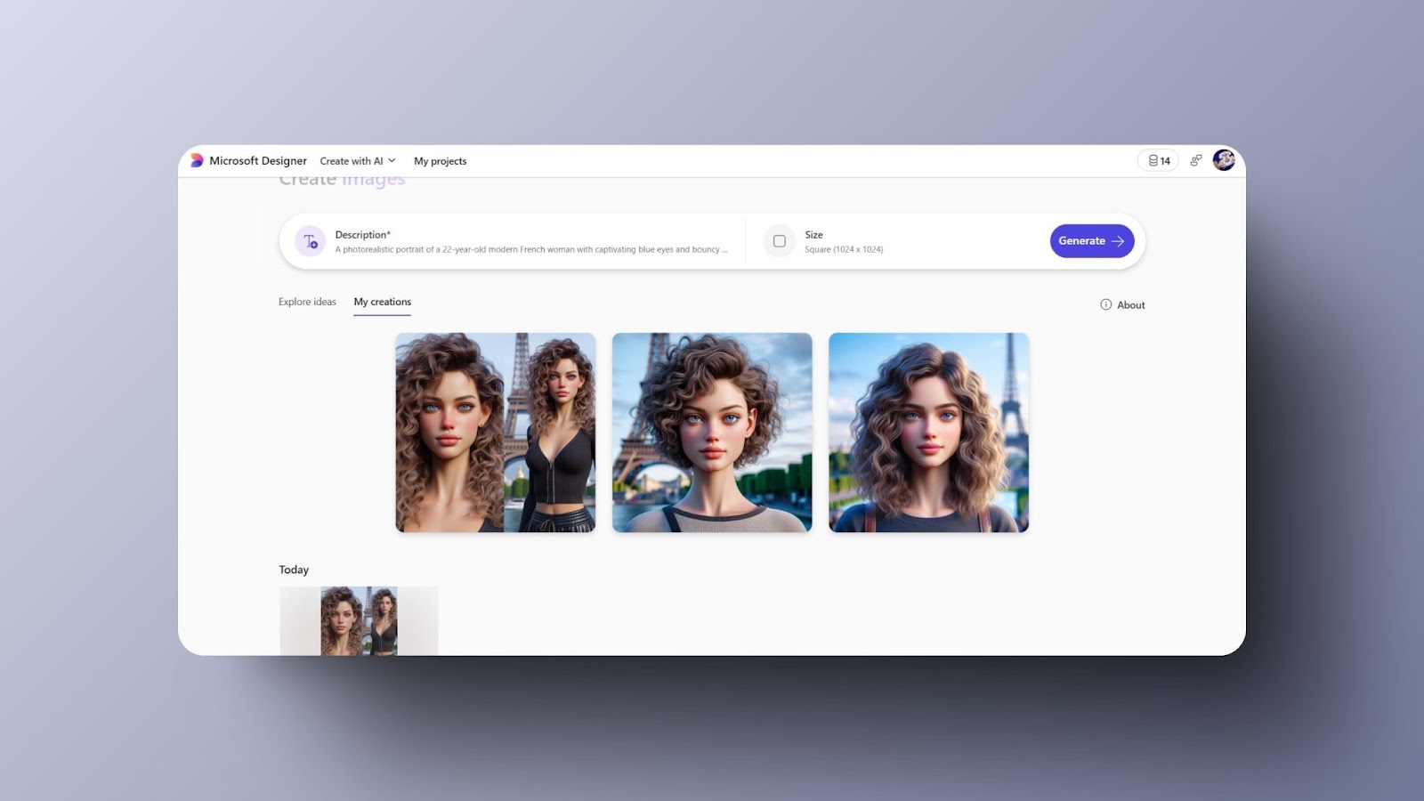 snapshot of Microsoft Designer interface featuring AI-generated images of a curly-haired young woman in Paris with options to explore ideas