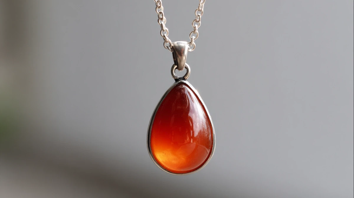 Carnelian teardrop pendant in gunmetal bezel on silver chain