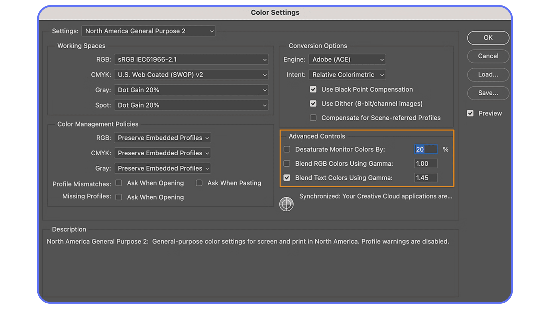 Photoshop Color Settings dialog box using the North America General Purpose 2 preset, showing advanced color management and gamma controls.