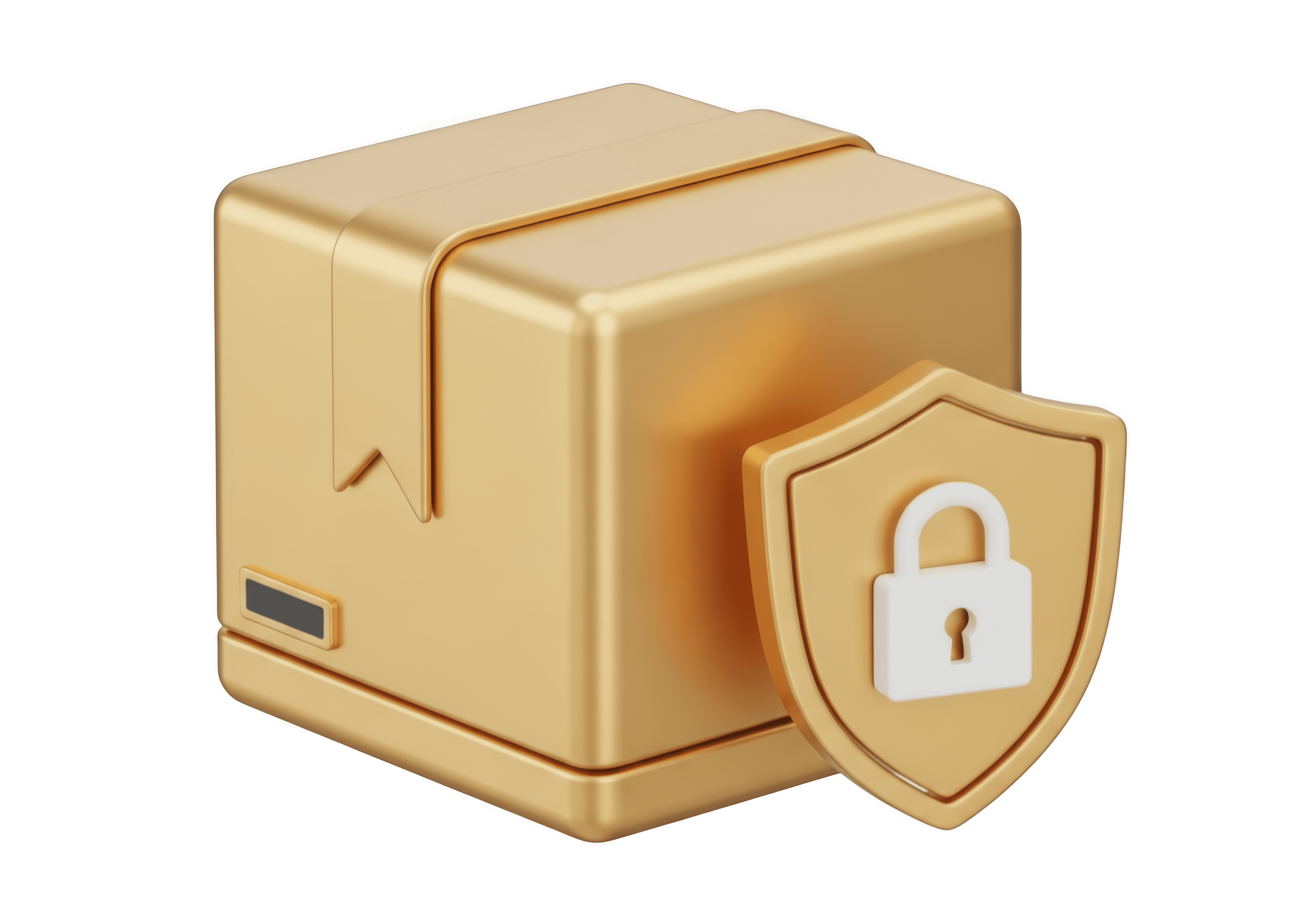 Golden 3D shipping box with a lock and shield icon representing discreet, branded invoice fulfillment in unmarked packaging.