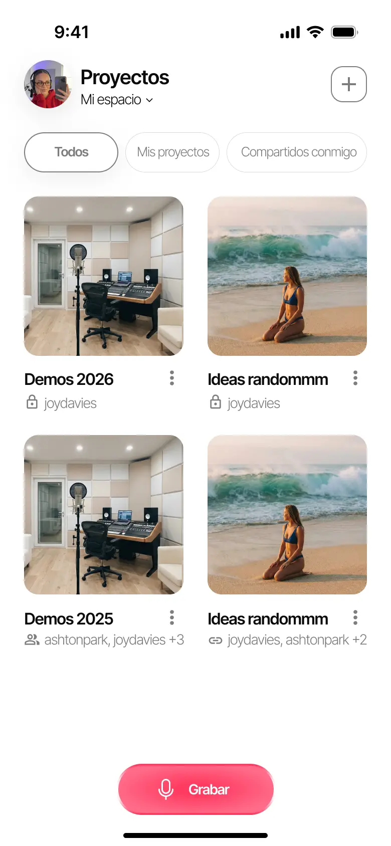 Vista de proyectos en Zoundroom con filtros Todos, Mis proyectos y Compartidos conmigo