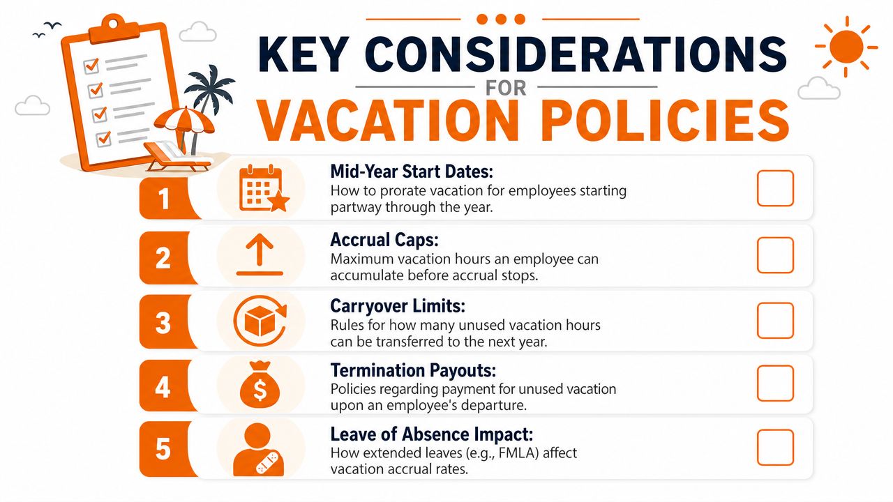 A checklist infographic outlining five key considerations for creating effective company vacation policies.