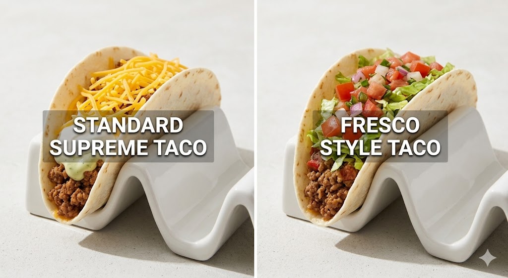 A side-by-side comparison of a standard Taco Bell Supreme soft taco with cheese and sour cream versus a Fresco style soft taco with pico de gallo, displayed in a white taco holder.