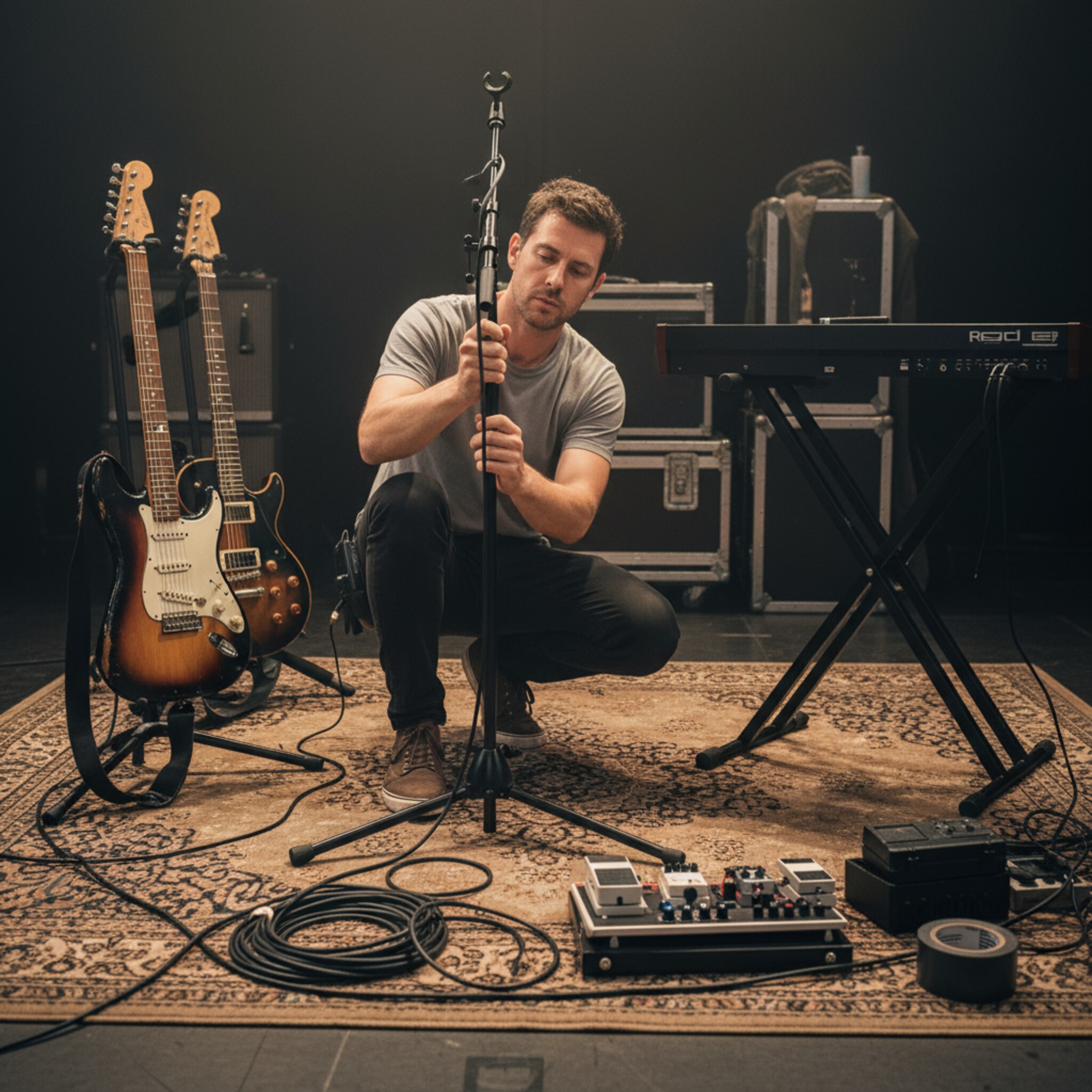 Backstage richtet ein Techniker ein Mikrofonstativ an einer warm ausgeleuchteten Bühne aus. Gitarren und ein Keyboard warten griffbereit auf einem Teppich. Gedämpftes Licht, ein stiller Moment vor dem Soundcheck. Man spürt, wie alles seinen Platz findet, damit der Abend reibungslos beginnt.