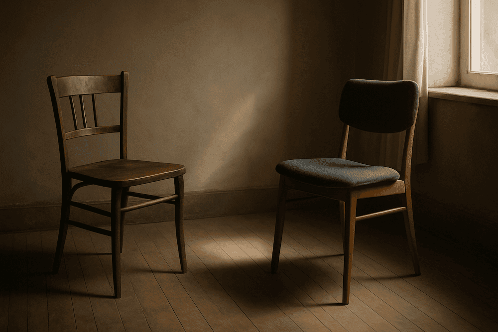 Two mismatched chairs facing each other in a softly lit room, with warm light coming through a window