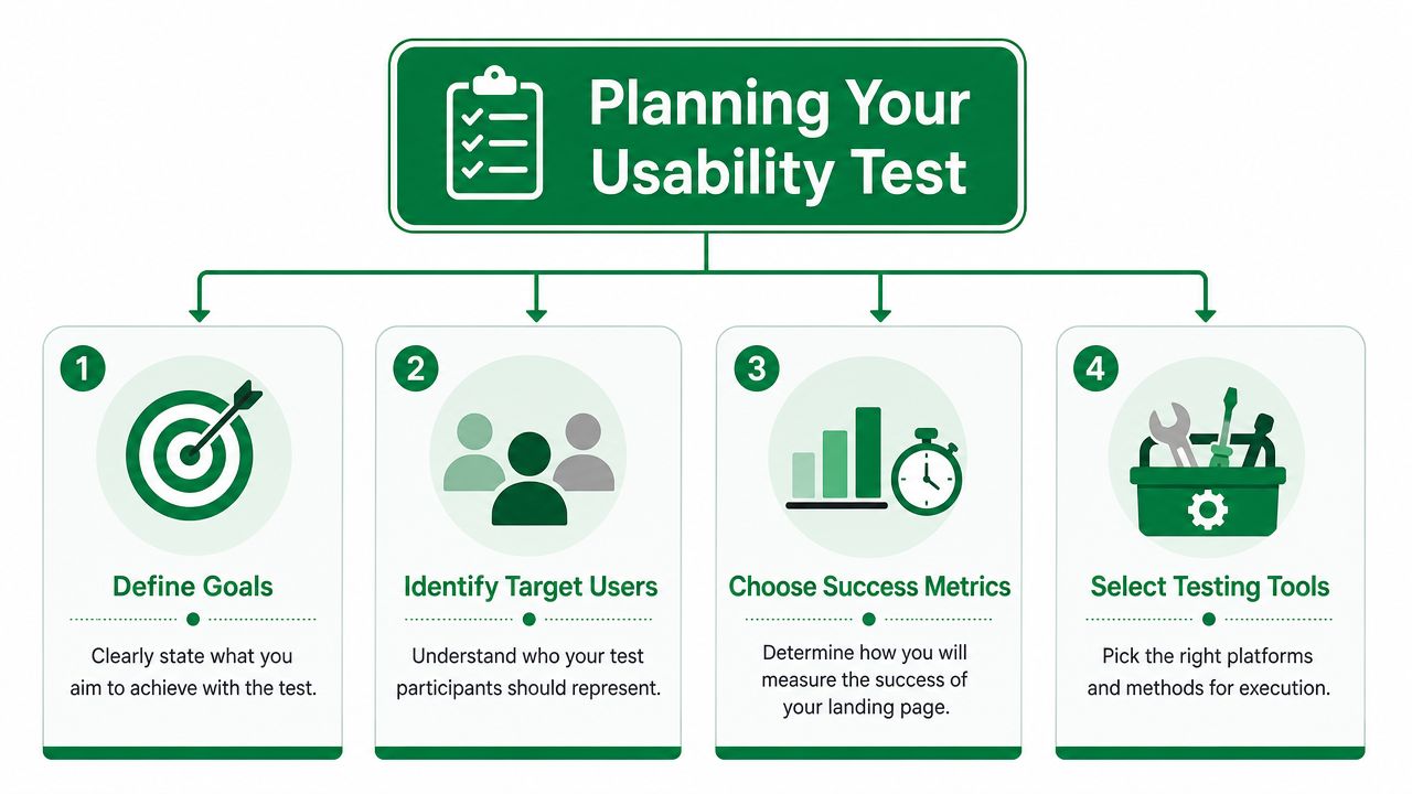 A four-step infographic illustrating the planning process for conducting a usability test for landing pages.