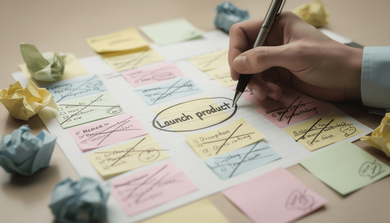 Hand crossing out multiple items on a cluttered to-do list with one item circled, representing the single-variable testing approach for startup founders