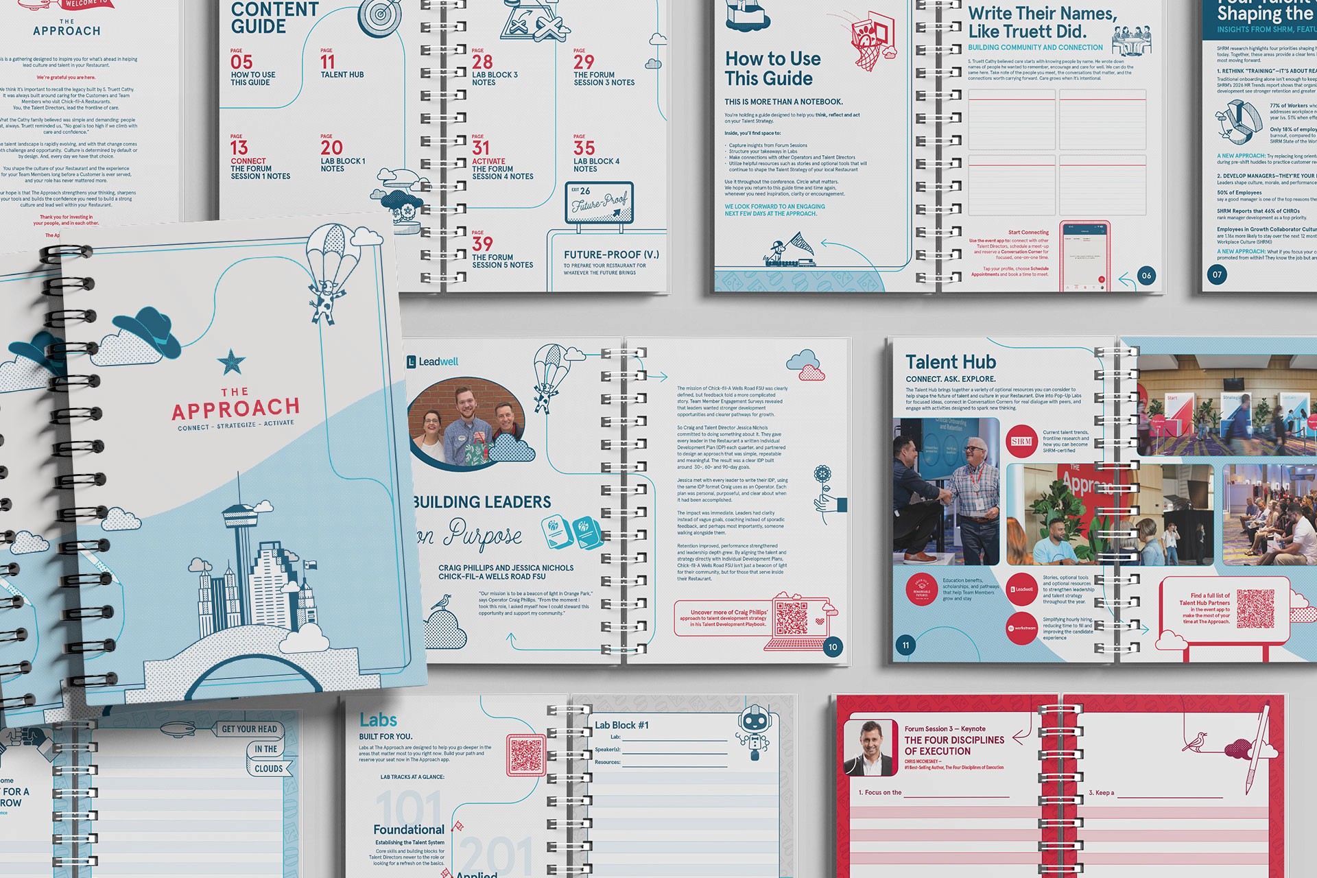 Final Execution. A sampling of the diverse editorial layouts and interactive spreads that comprise the finished 46-page conference content guide ecosystem.