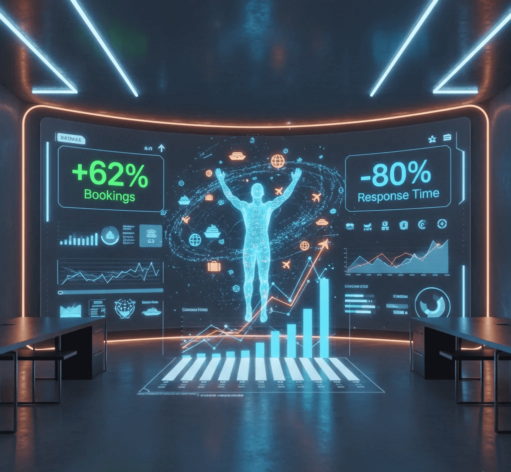  A dark, high-tech control room or laboratory where a person's silhouette is seen pointing at a large, transparent digital display. The screen is filled with glowing blue and red holographic interfaces, charts, and data points, including a central graphic resembling a lightning bolt or energy network. Various panels show percentages, data metrics, and text, with one section labeled "Autonomy Content Targeting," indicating advanced analytics and strategic operations, likely for optimizing content for voice search.