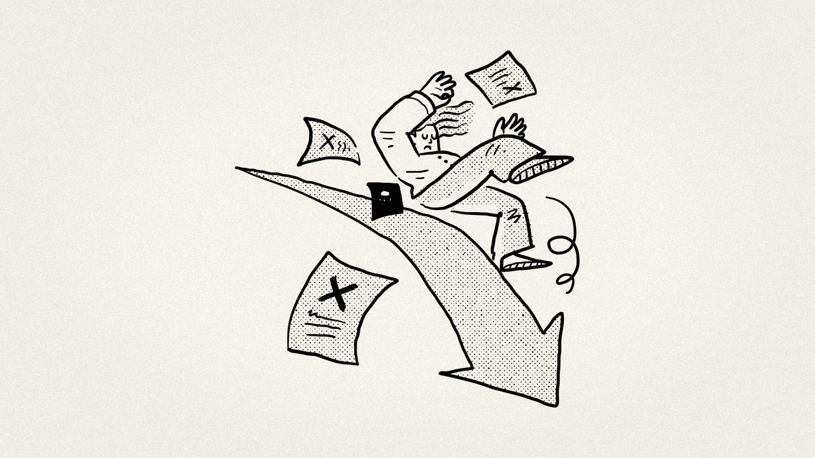 A figure carried downward on a plunging arrow surrounded by rejected documents — the cost of closed deals you never learned from