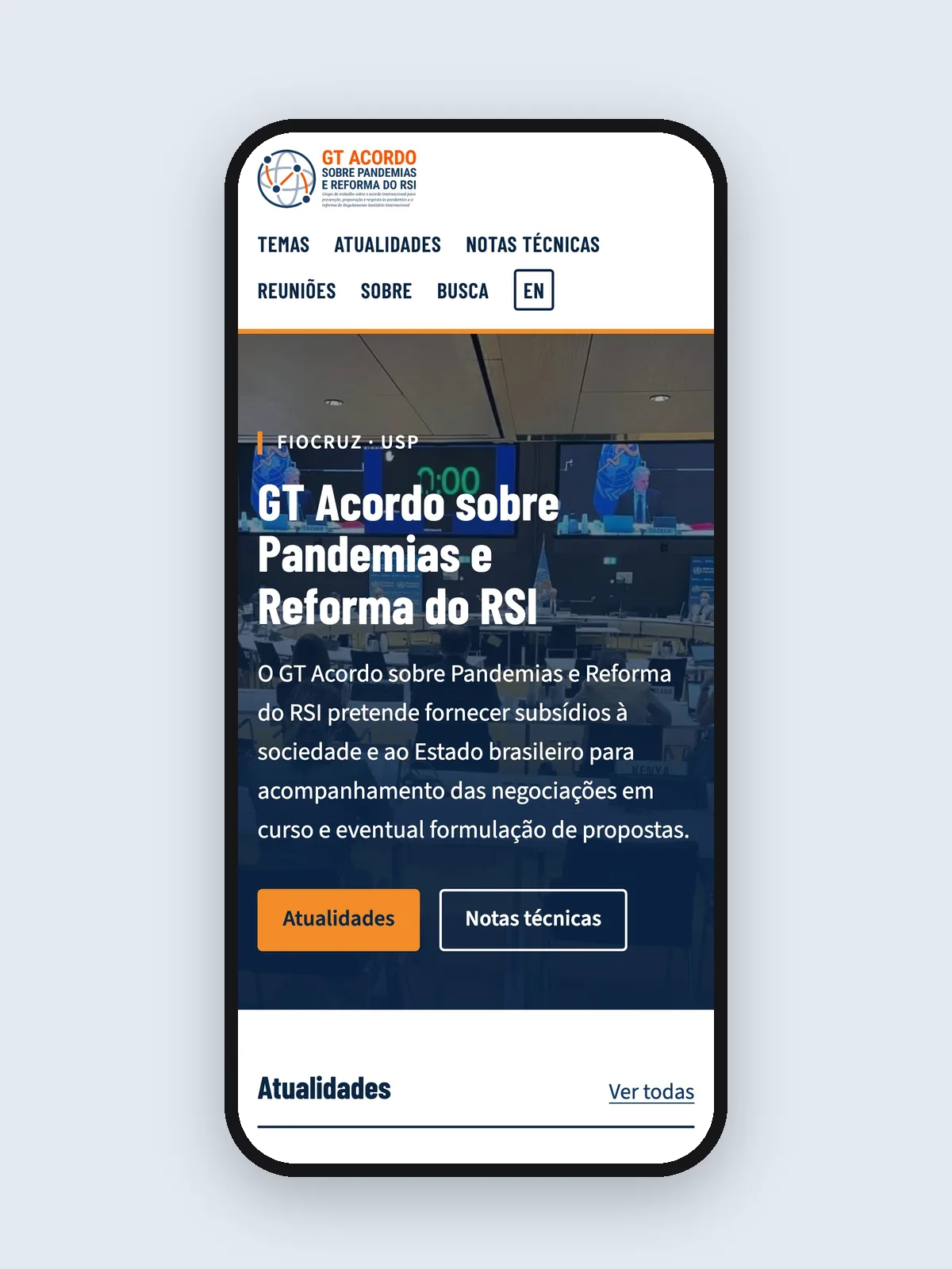 Página inicial do site do GT Acordo sobre Pandemias e Reforma do RSI no celular