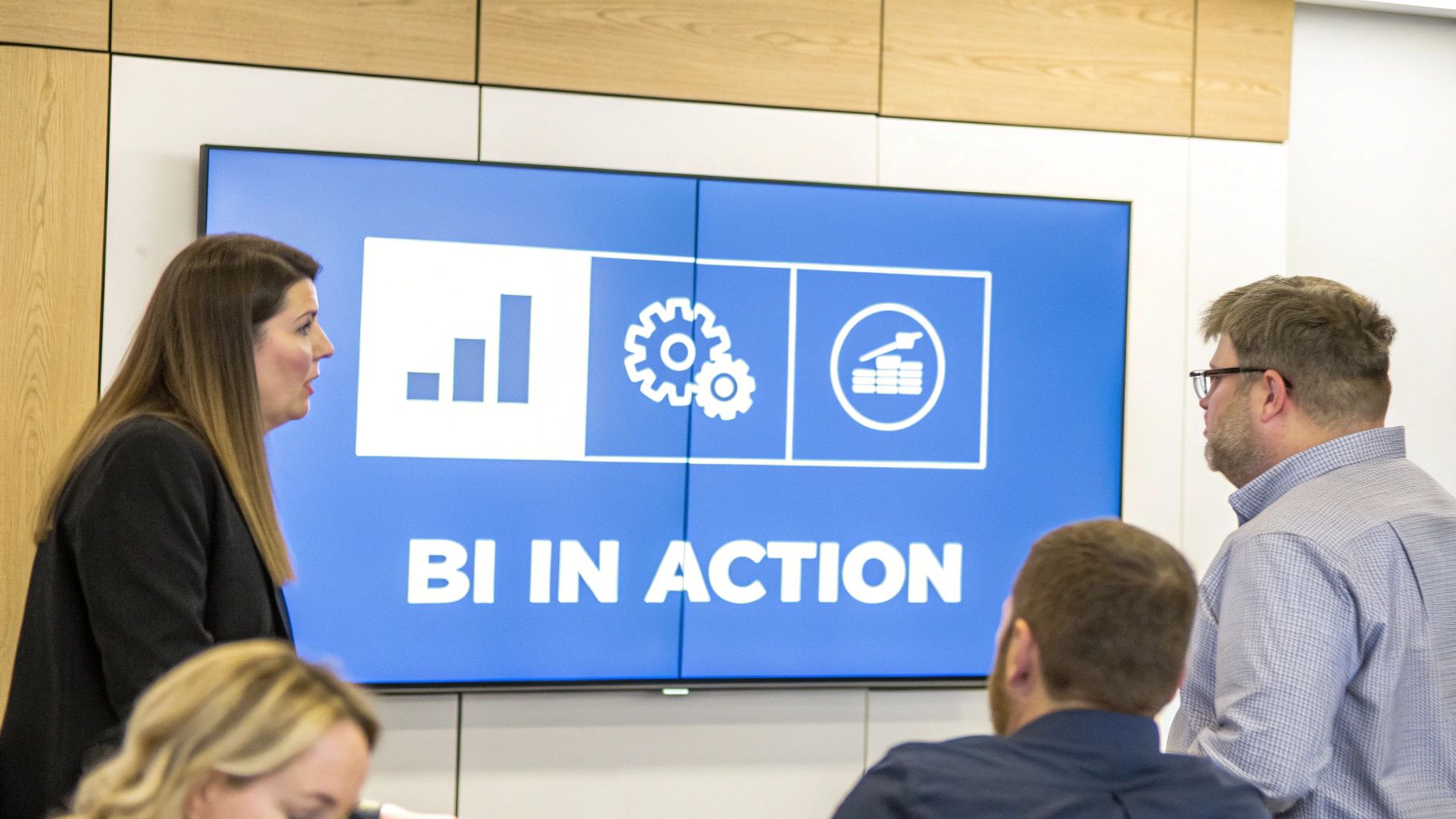 Three professionals collaborating around a large screen displaying complex business intelligence analytics dashboards.