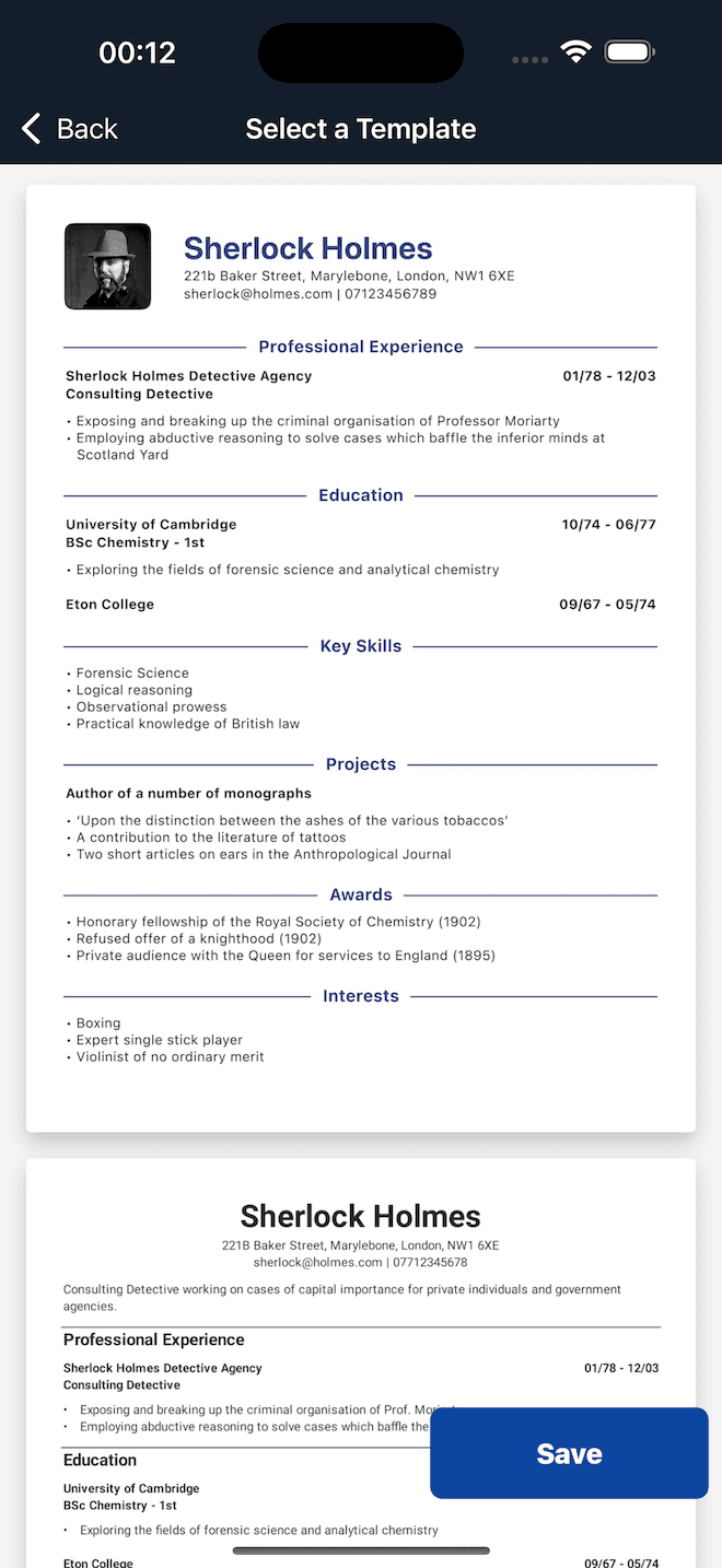 Select a Resume Template screen of the CV Engineer iOS app