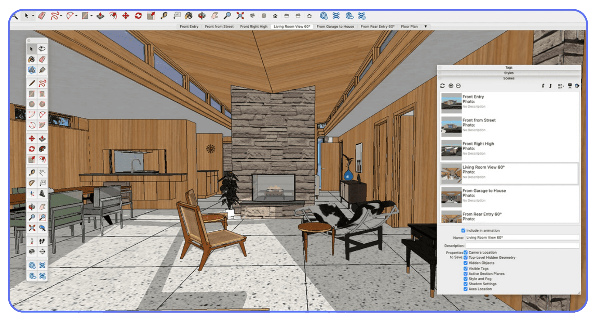 SketchUp workspace showing a mid-century modern living room interior with stone fireplace, wooden walls, furniture, and natural lighting, with scene presets open on the right.