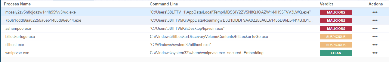 Ein Computerbildschirm zeigt eine Liste von Prozessen mit ihren Namen, Dateipfaden und Urteilen an. Zu den Prozessen gehören 'mbrsfs.exe' als MALICIOUS, 'bihooks.exe' als SUSPICIOUS und 'wscript.exe' als CLEAN. Der Kontext deutet auf eine Cybersicherheitsanalyse im Zusammenhang mit einer Zunahme der MummaC2 Infostealer-Malware hin.