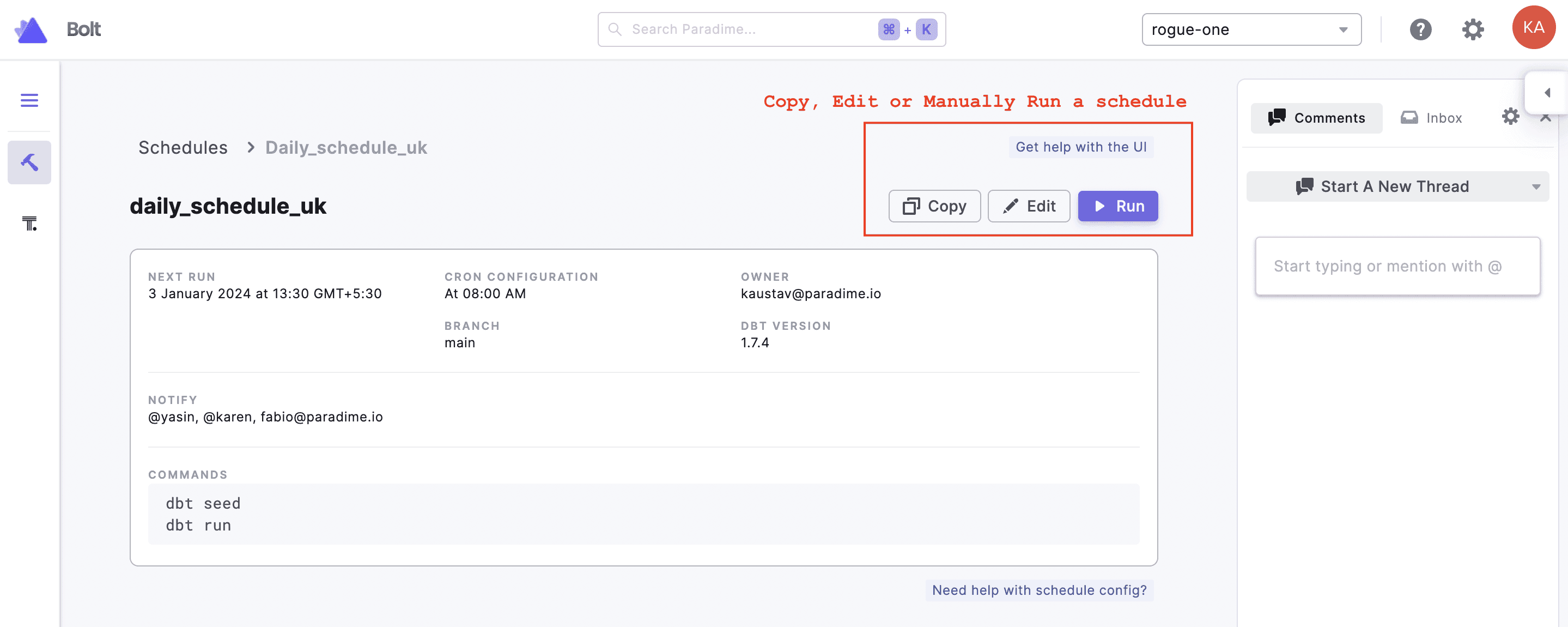 Schedule toolbar - copy, edit, or manually run a schedule | Paradime | Analytics Engineering using dbt™