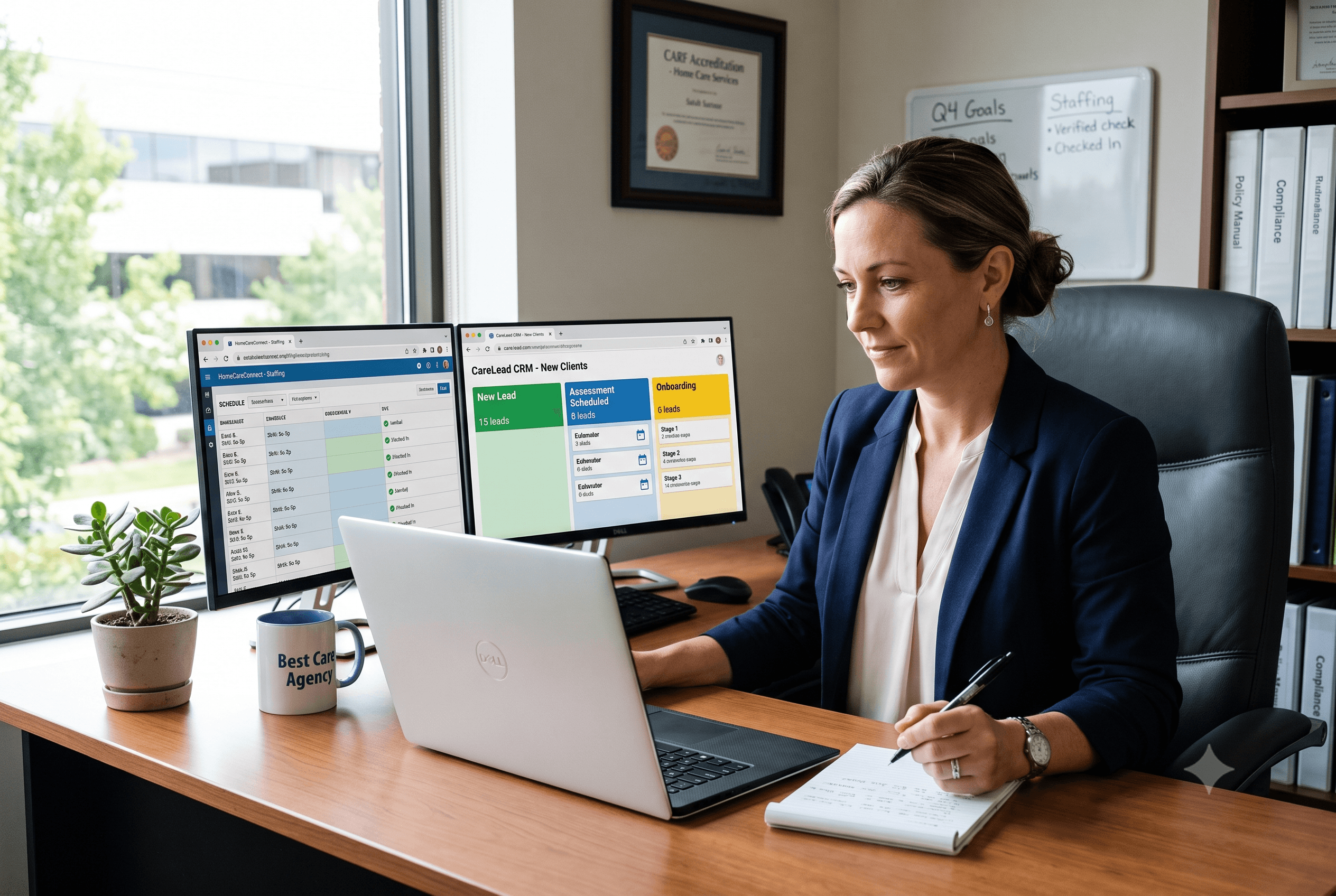 Home care agency owner reviewing intake CRM alongside scheduling software