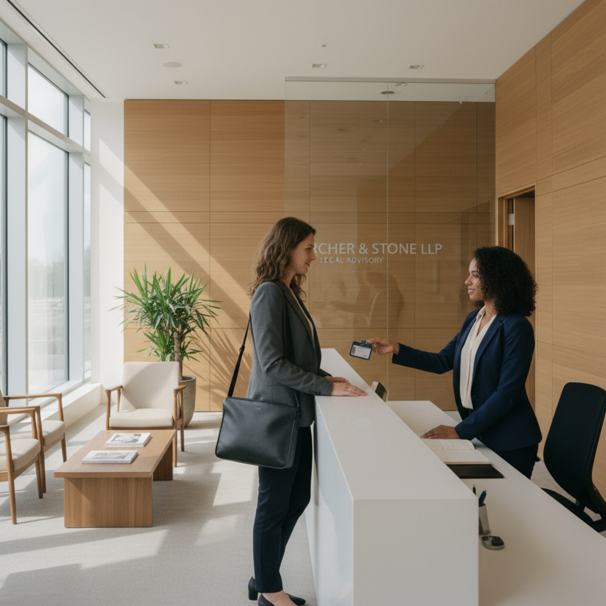 Ein Besucher betritt den Empfangsbereich und erhält von der Assistenz einen dezenten Badge-Clip. Ein freundlicher Hinweis auf das Wartearrangement, ein kurzer Austausch, dann wird der Weg zum Besprechungsraum erklärt. Ordnung, Diskretion und klare Abläufe bestimmen das Bild.