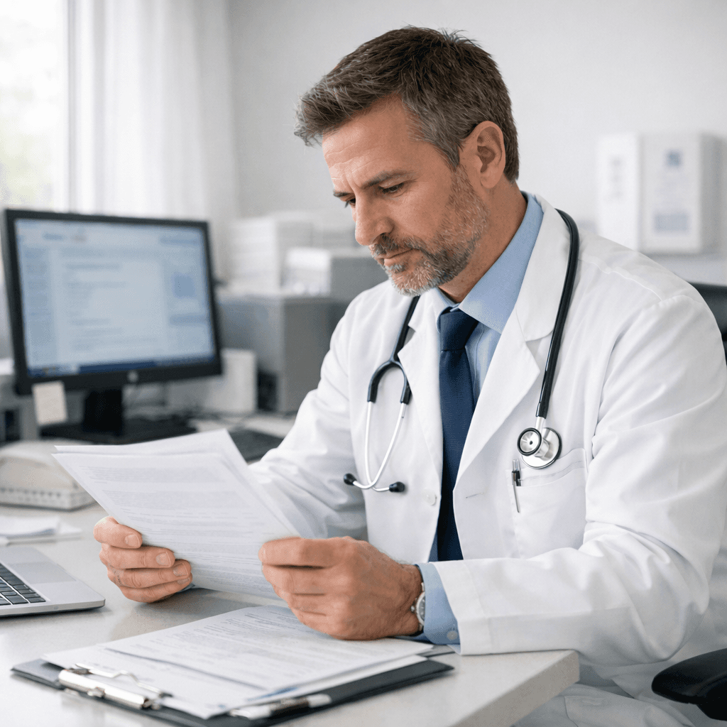 Doctor in a white coat reviewing a document at a desk with a laptop and stethoscope.