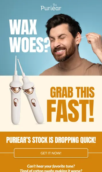 Email announcing that Puriear stock is back, highlighting key products and call-to-action for purchase.
