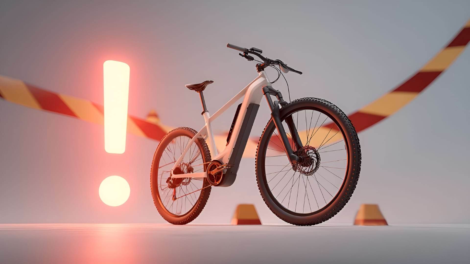 A sleek electric bike is prominently displayed in a minimalistic setting, with a glowing red exclamation mark in the background, conveying urgency or innovation.