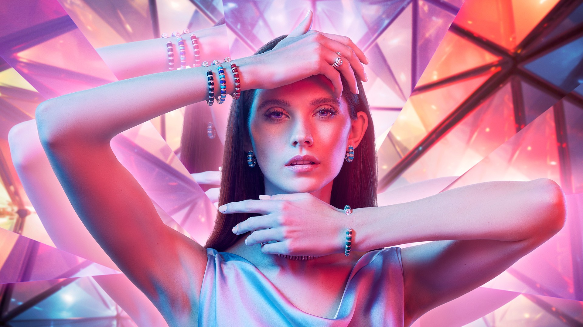 A model wearing David Morris jewlery infront of a AI generated fantasy background