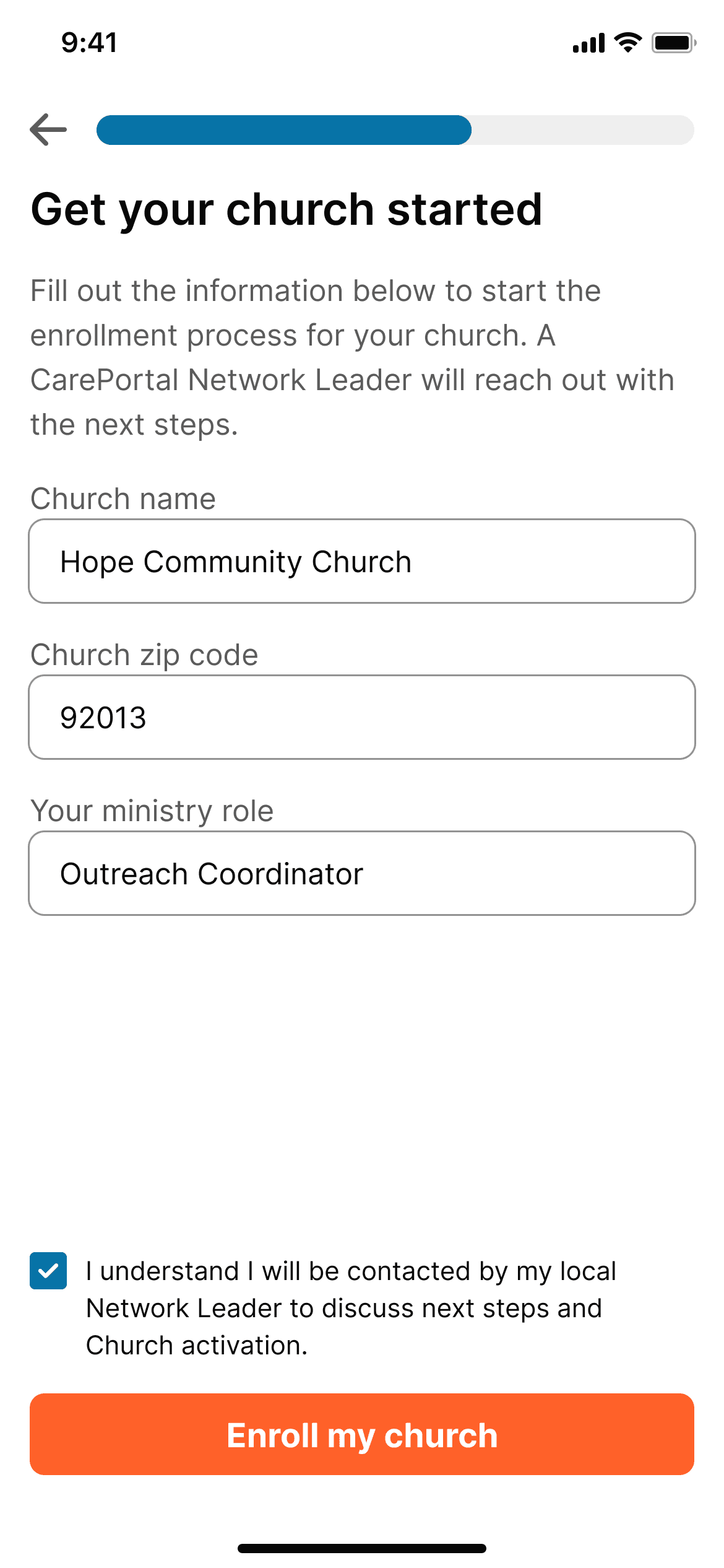 Church enrollment form with fields for church name, zip code, and ministry role