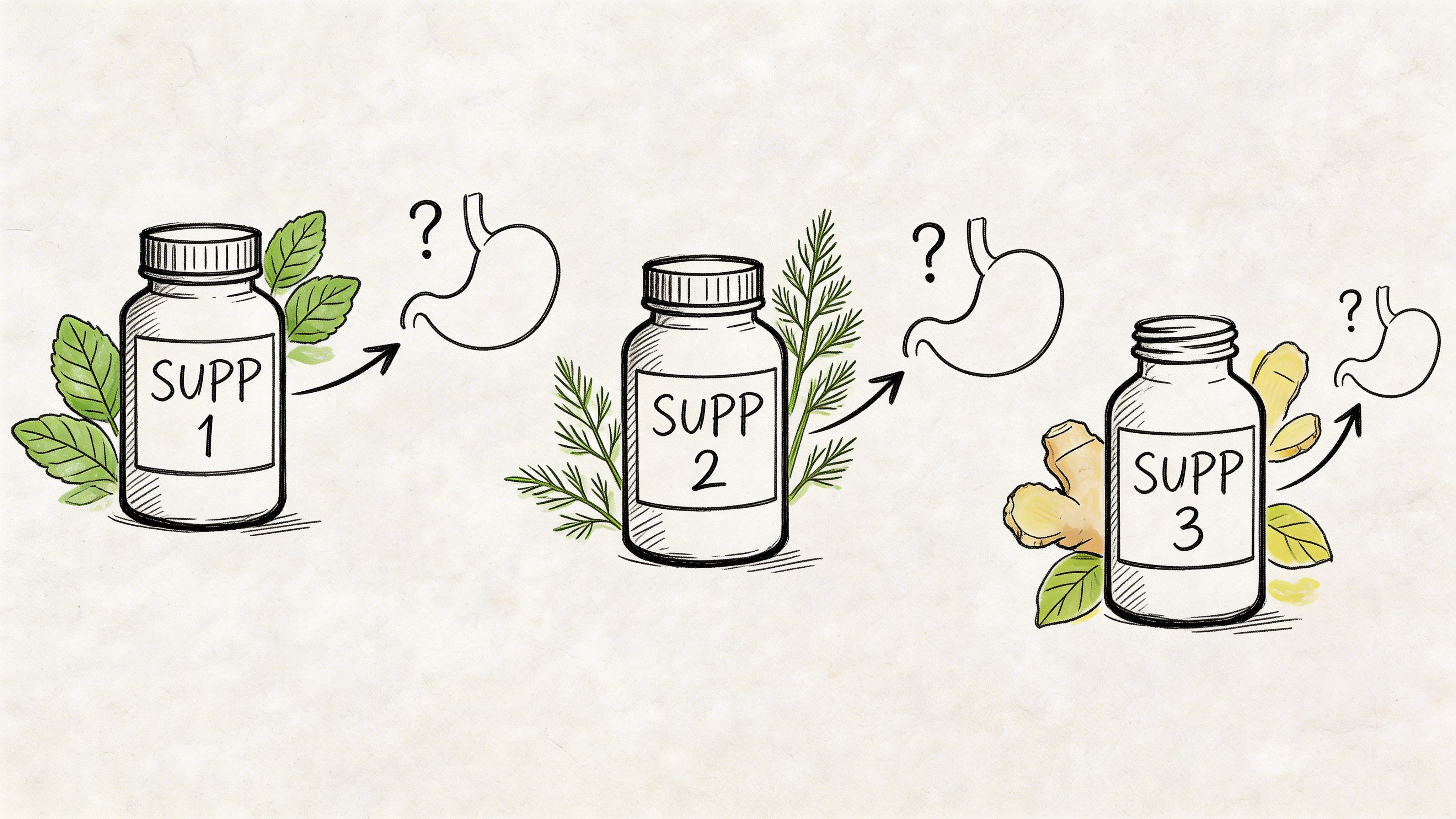 A hand-drawn illustration showing three supplement bottles labeled one, two, and three, each linked to a stomach.