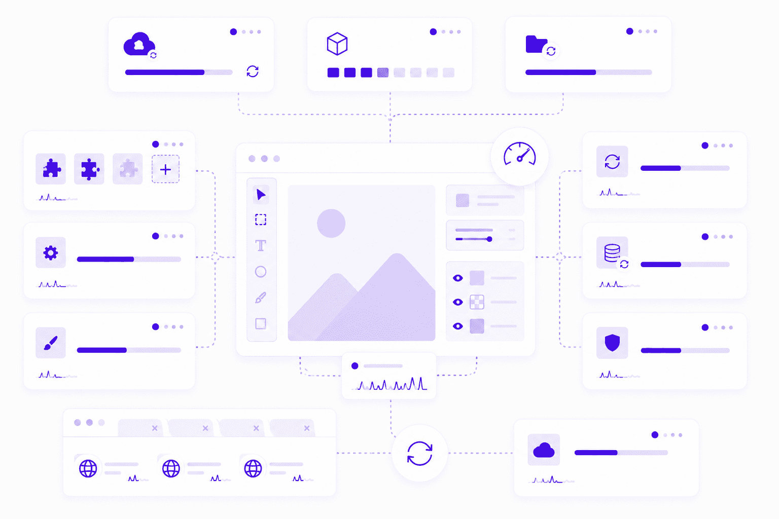 Illustration of background apps, plugins, sync tools, and browser tabs competing with a Photoshop workspace for performance