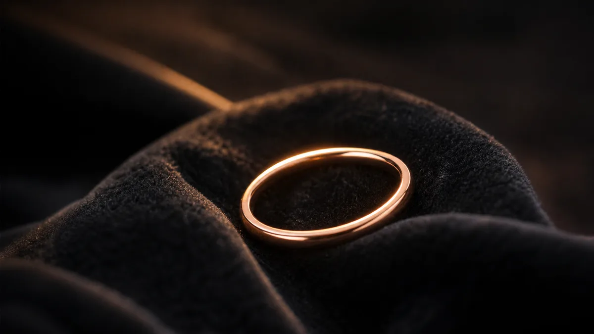 Plain rose-gold smart dhikr ring on charcoal velvet with warm rim lighting