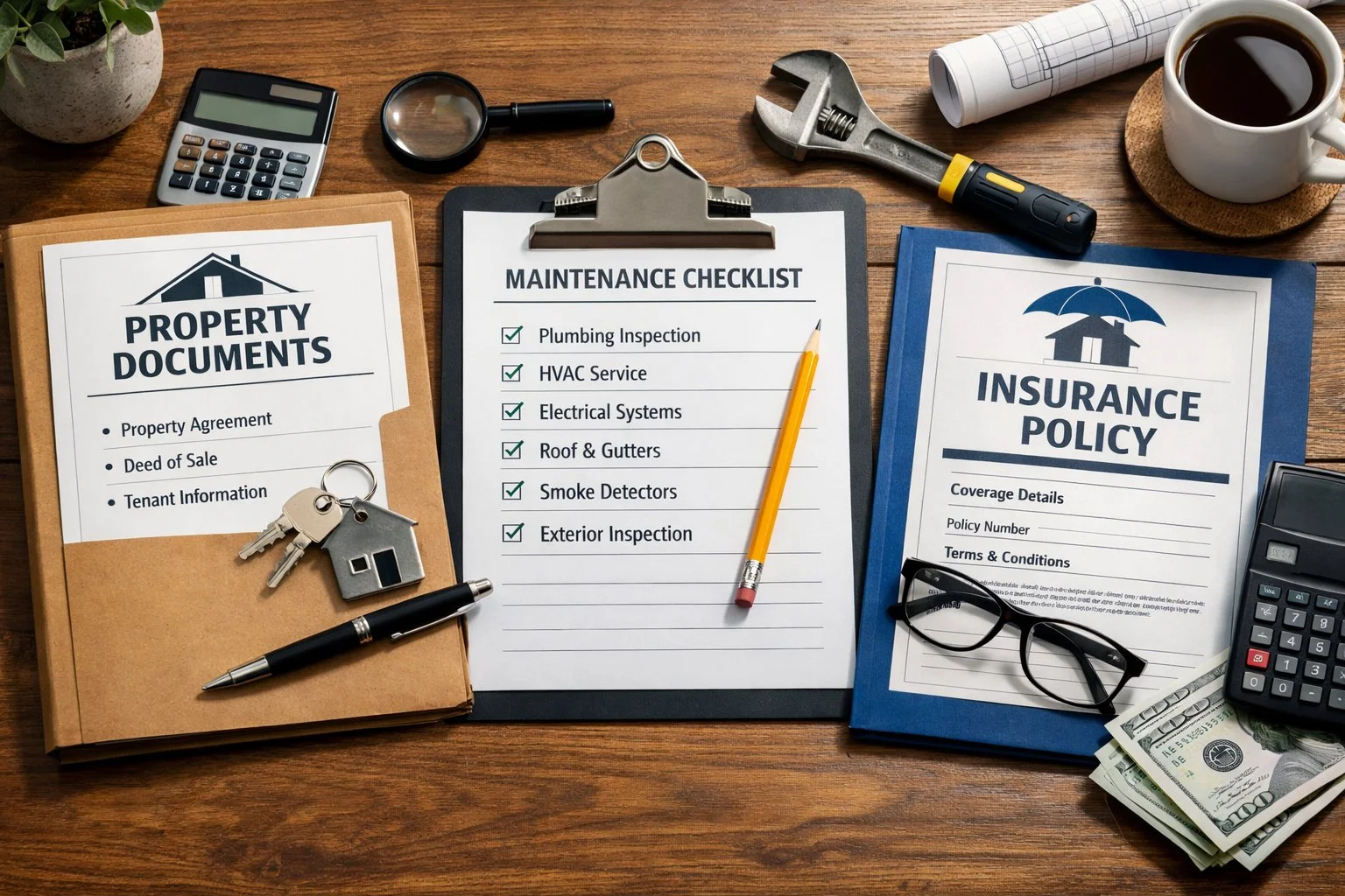Workspace with neatly arranged property documents, maintenance checklist, and insurance paperwork, symbolizing organized and responsible management.